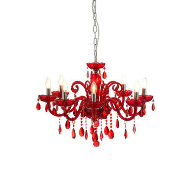 Murano 8 Bulb Chrome & Red Crystal Glass Chandelier