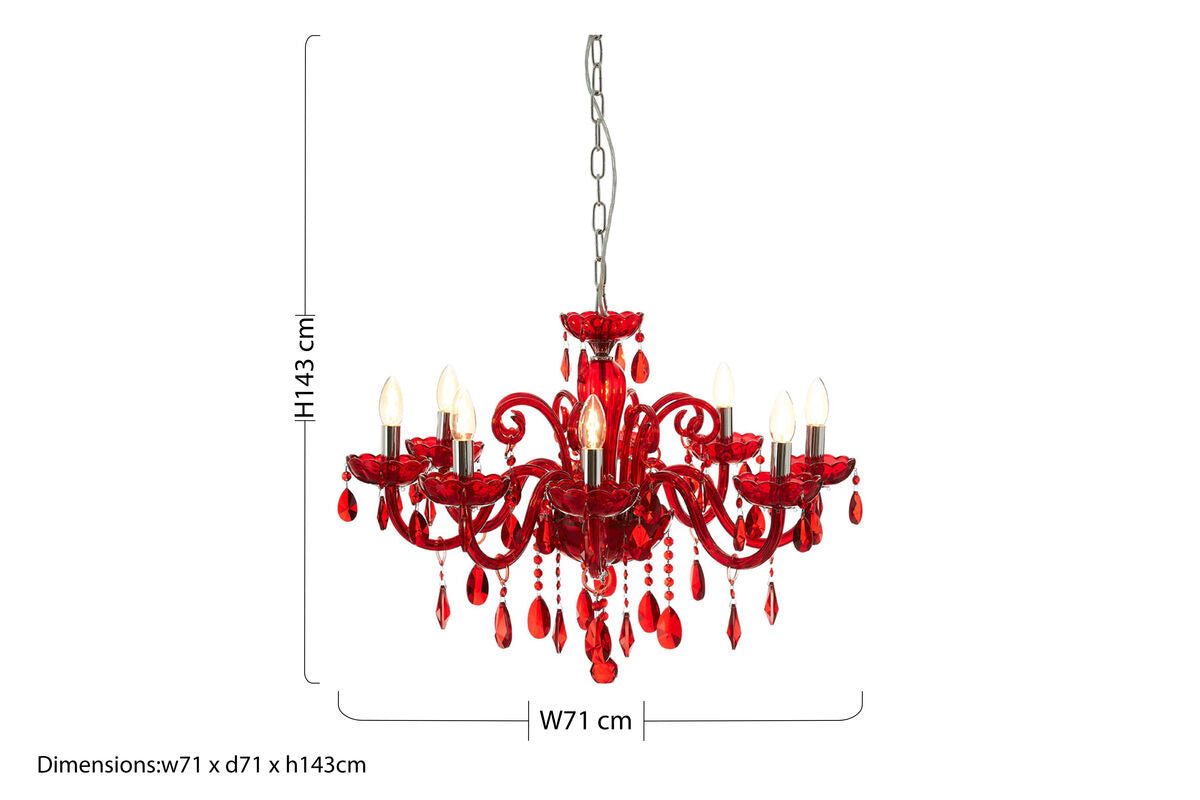Murano 8 Bulb Chrome & Red Crystal Glass Chandelier