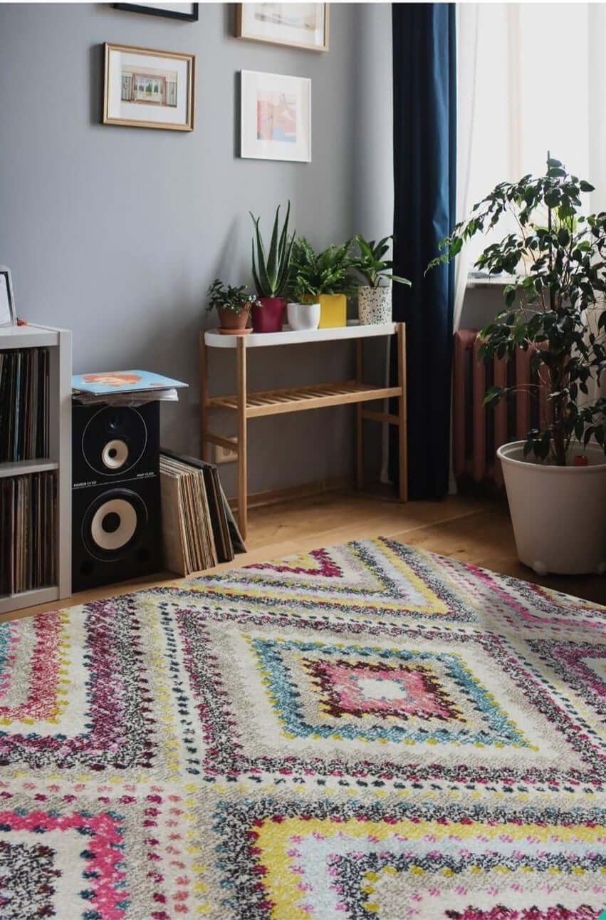 Villa Multicolour Diamond Wool Natural Rug