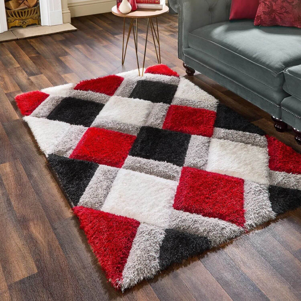 3D Red Geometric Shaggy Contemporary Rug