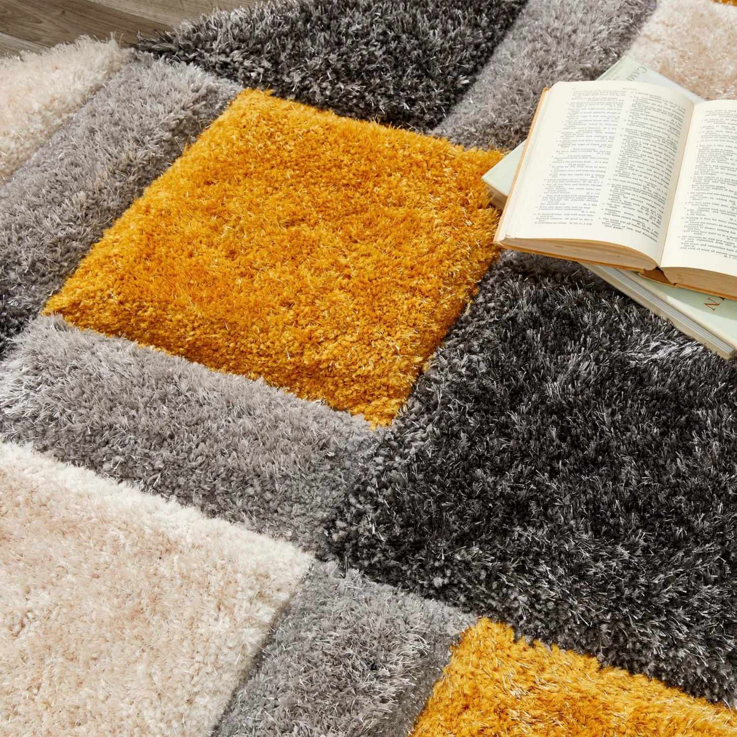 3D Ochre Geometric Shaggy Contemporary Rug