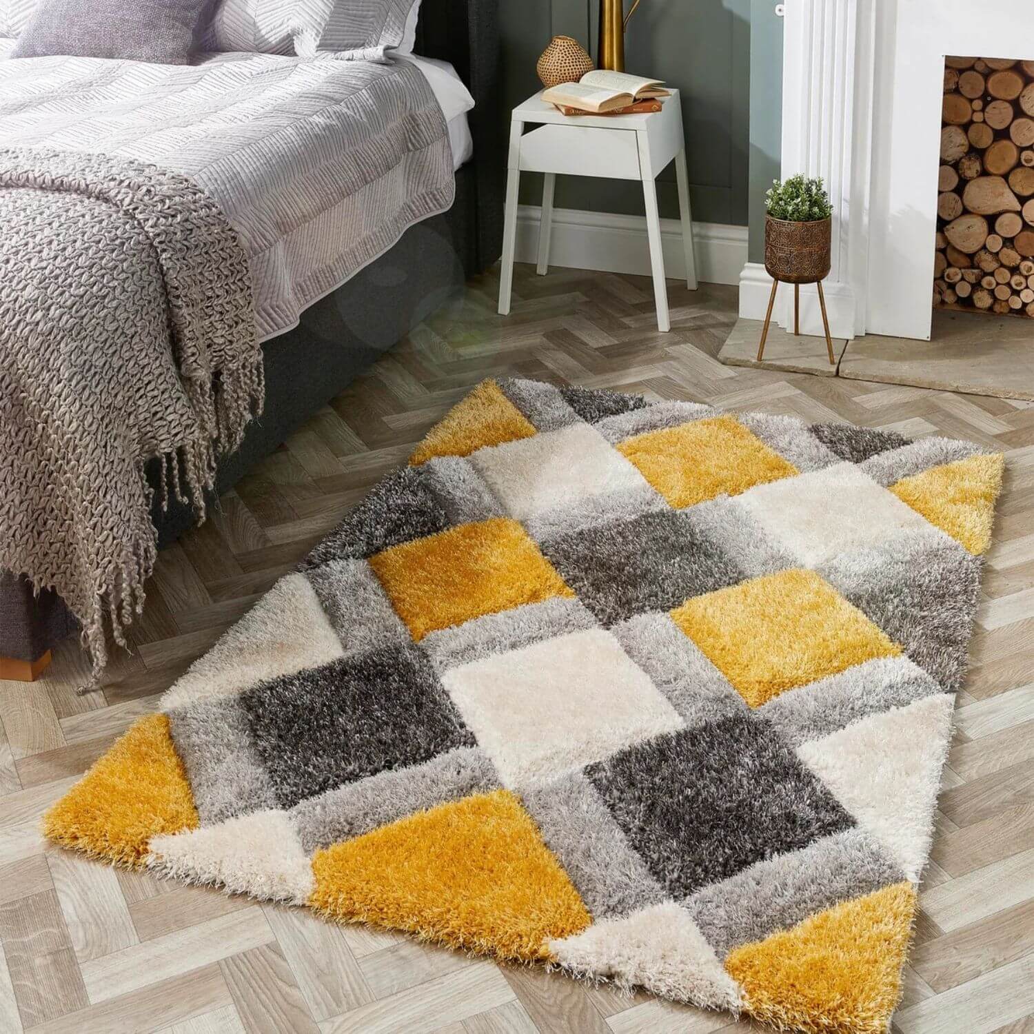 3D Ochre Geometric Shaggy Contemporary Rug