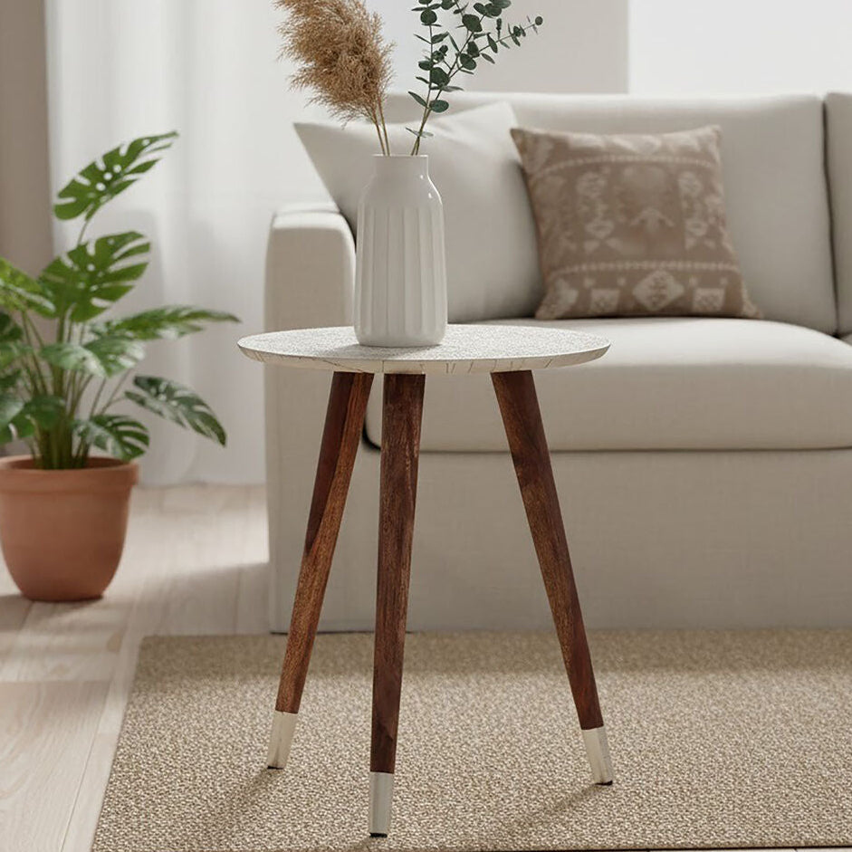 Boho White Carved Metal Top Side Table