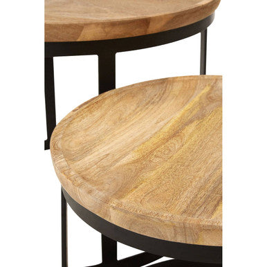 Set Of 2 Natural Mango Wood Top Nesting Tables With Black Open Cage Metal Frame, Boho