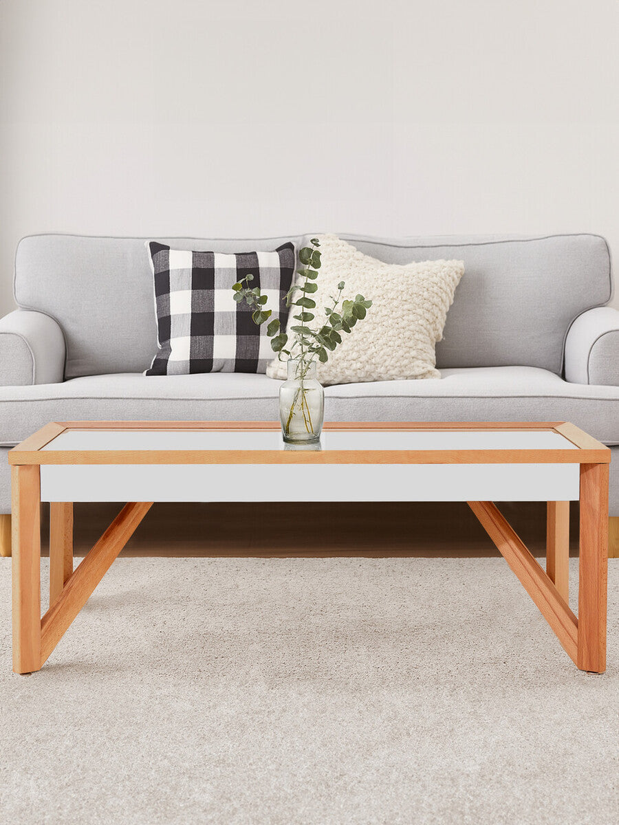 Mirror Glass Top Coffee Table With Natural Wood Frame, Kensington Townhouse