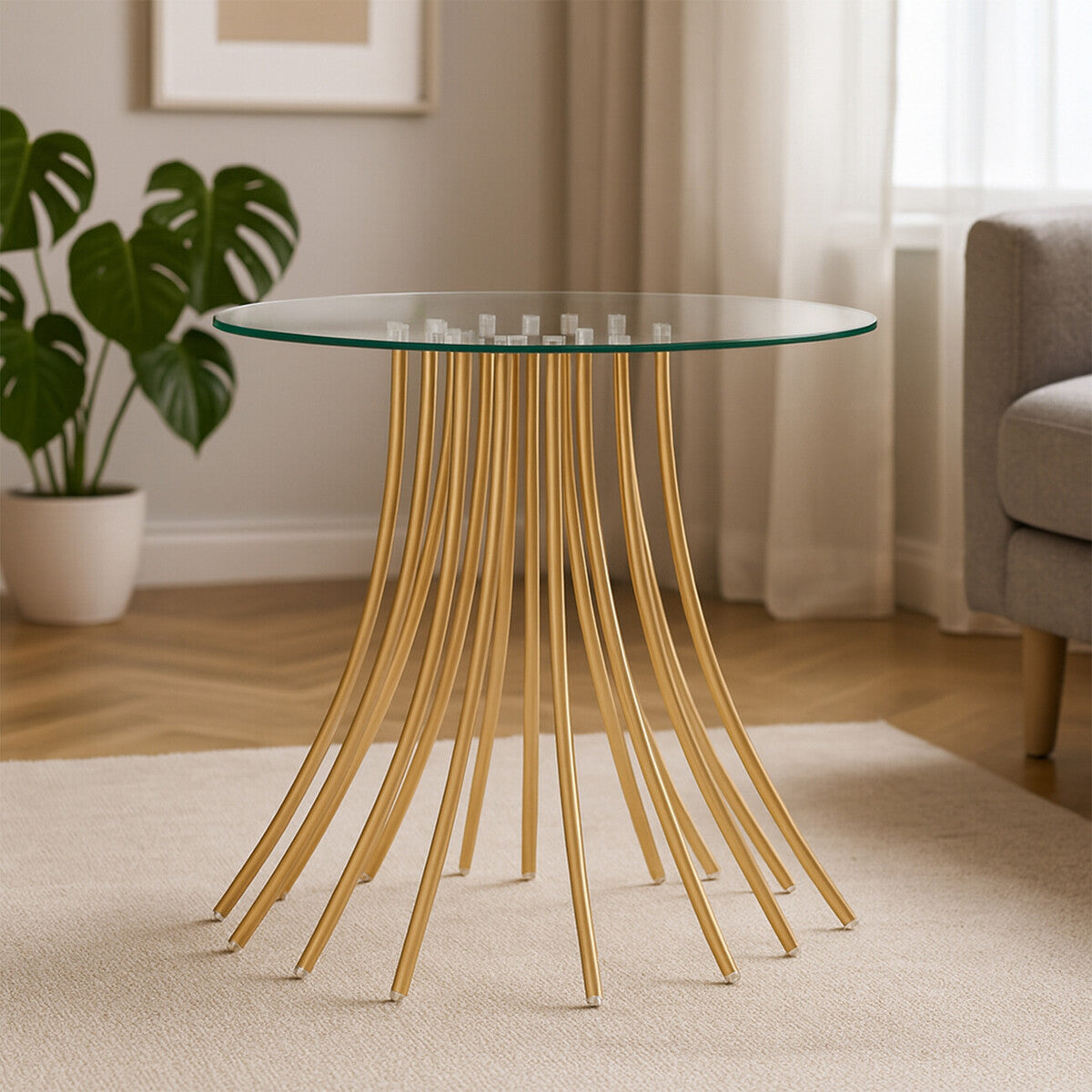 Tempered Glass Top Side Table With Gold Tree Leg Metal Base, Kensington Townhouse