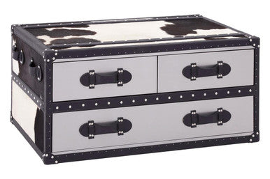 Black & White Cowhide Coffee Table With 3 Drawers & Leather Trim, Kensington Townhouse