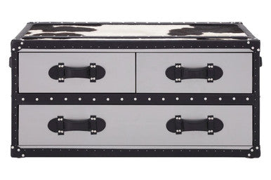 Black & White Cowhide Coffee Table With 3 Drawers & Leather Trim, Kensington Townhouse