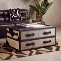 Black & White Cowhide Coffee Table With 3 Drawers & Leather Trim, Kensington Townhouse