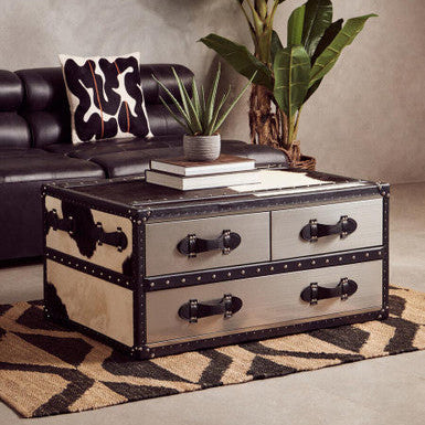 Black & White Cowhide Coffee Table With 3 Drawers & Leather Trim, Kensington Townhouse