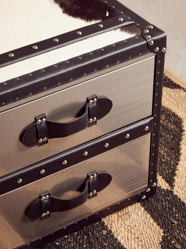 Black & White Cowhide Coffee Table With 3 Drawers & Leather Trim, Kensington Townhouse