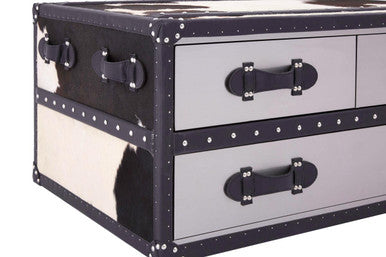 Black & White Cowhide Coffee Table With 3 Drawers & Leather Trim, Kensington Townhouse