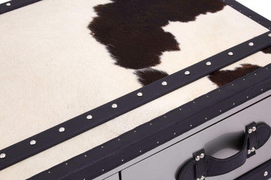 Black & White Cowhide Coffee Table With 3 Drawers & Leather Trim, Kensington Townhouse