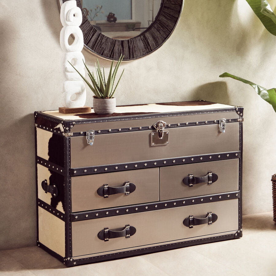 Kensington Townhouse Black & White Genuine Cowhide 3 Drawer Cabinet