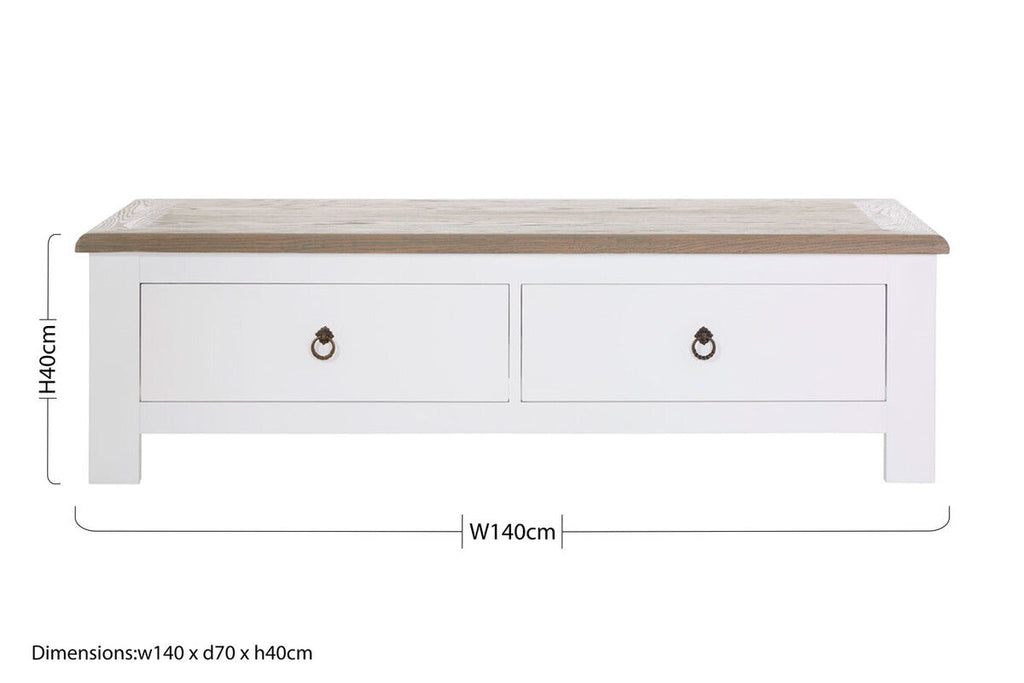 White Wooden Coffee Table With Natural Oak Top & 2 Storage Drawers, Hampstead