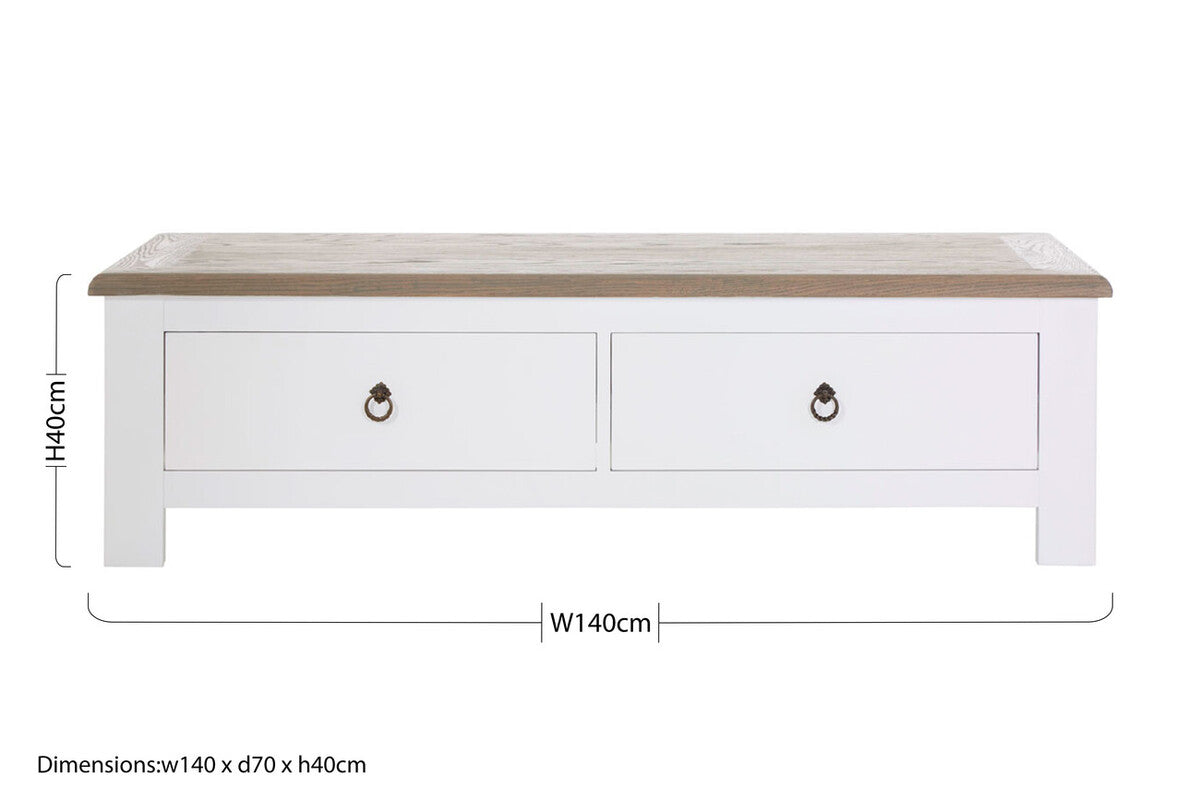 White Wooden Coffee Table With Natural Oak Top & 2 Storage Drawers, Hampstead