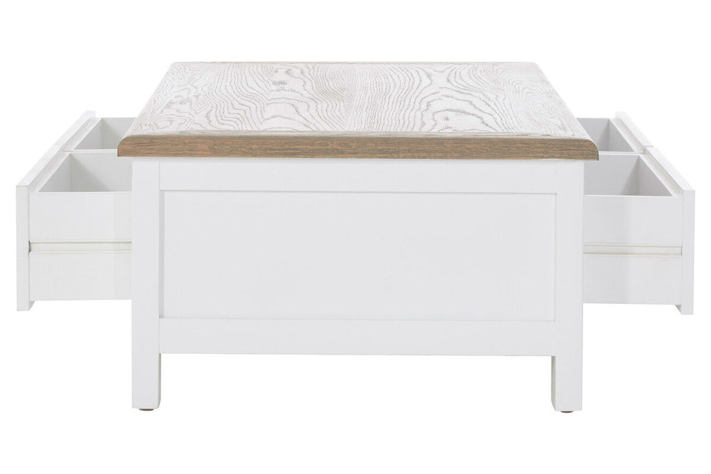 White Wooden Coffee Table With Natural Oak Top & 2 Storage Drawers, Hampstead