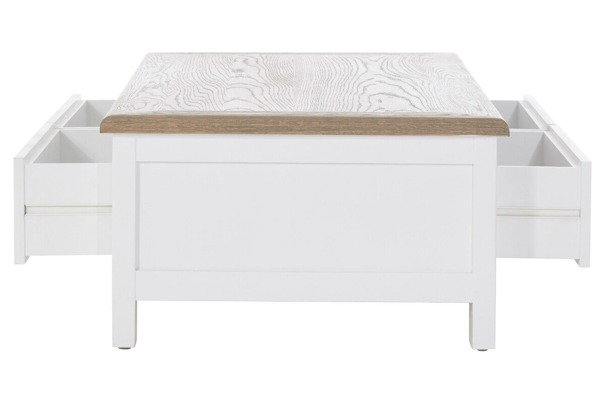 White Wooden Coffee Table With Natural Oak Top & 2 Storage Drawers, Hampstead
