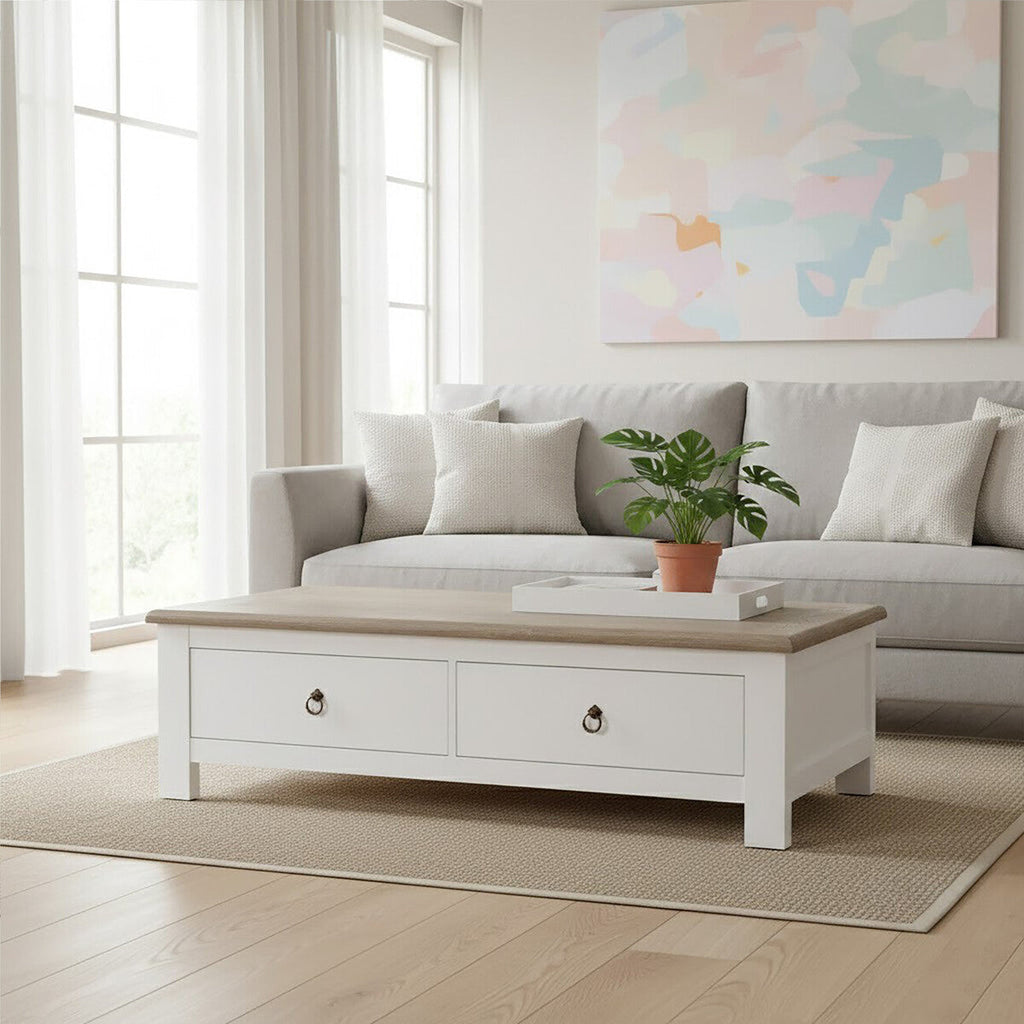White Wooden Coffee Table With Natural Oak Top & 2 Storage Drawers, Hampstead