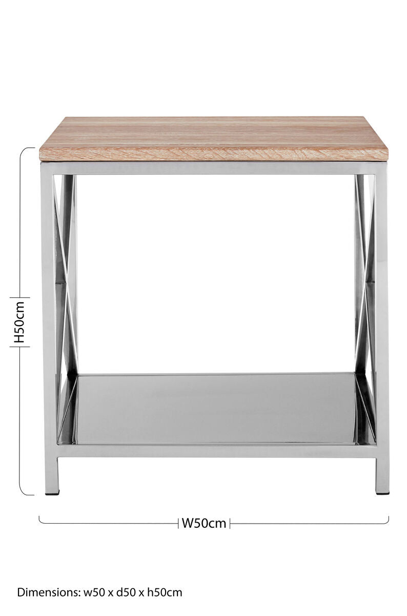 Natural Oak Wood Side Table With Polished Stainless Steel Lattice Frame, Chiswick