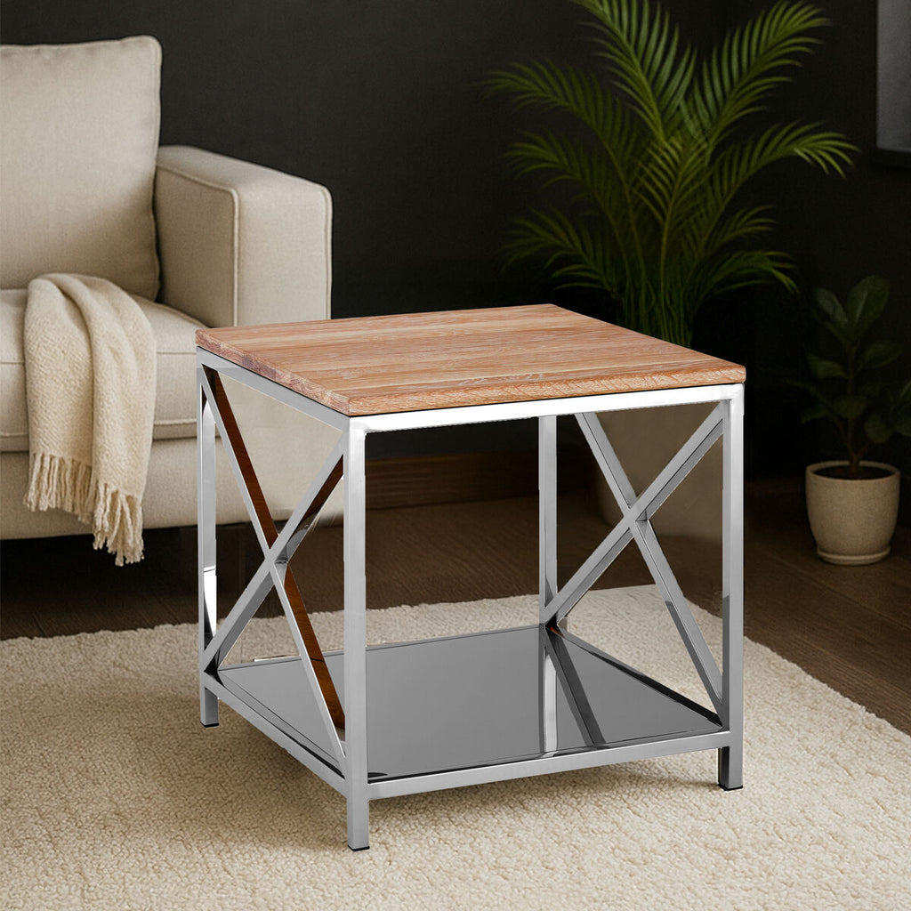Natural Oak Wood Side Table With Polished Stainless Steel Lattice Frame, Chiswick