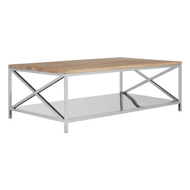 Natural Oak Wood Coffee Table With Lower Mirrored Shelf & Polished Stainless Steel Frame , Chiswick
