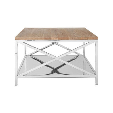 Natural Oak Wood Coffee Table With Lower Mirrored Shelf & Polished Stainless Steel Frame , Chiswick