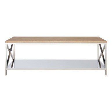 Natural Oak Wood Coffee Table With Lower Mirrored Shelf & Polished Stainless Steel Frame , Chiswick