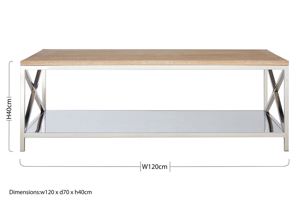 Natural Oak Wood Coffee Table With Lower Mirrored Shelf & Polished Stainless Steel Frame , Chiswick
