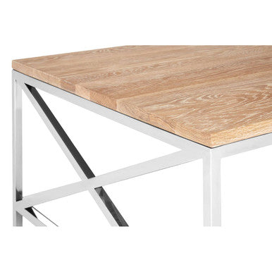Natural Oak Wood Coffee Table With Lower Mirrored Shelf & Polished Stainless Steel Frame , Chiswick