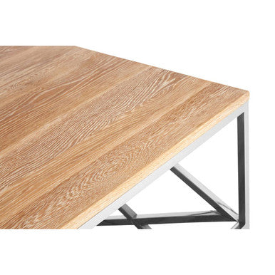 Natural Oak Wood Coffee Table With Lower Mirrored Shelf & Polished Stainless Steel Frame , Chiswick