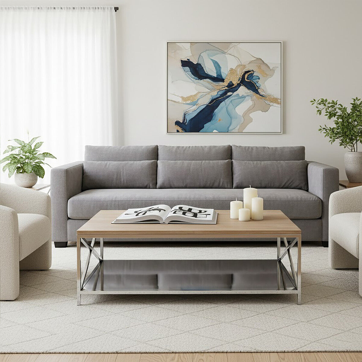 Natural Oak Wood Coffee Table With Lower Mirrored Shelf & Polished Stainless Steel Frame , Chiswick