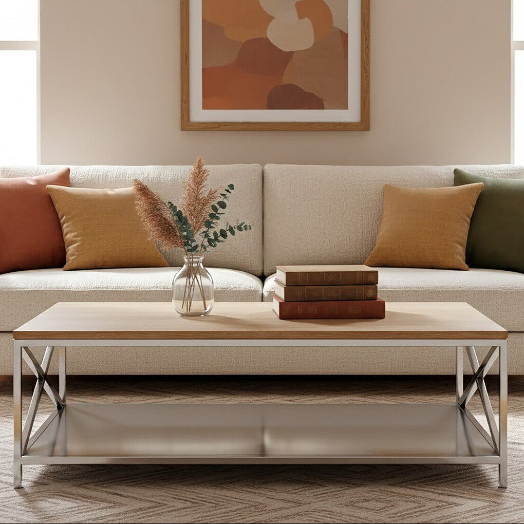 Natural Oak Wood Coffee Table With Lower Mirrored Shelf & Polished Stainless Steel Frame , Chiswick