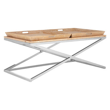 Natural Oak Wood Coffee Table With Polished Steel Cross Frame Legs & 2 Removable Serving Trays, Holland