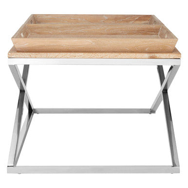 Natural Oak Wood Coffee Table With Polished Steel Cross Frame Legs & 2 Removable Serving Trays, Holland