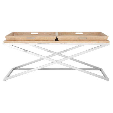 Natural Oak Wood Coffee Table With Polished Steel Cross Frame Legs & 2 Removable Serving Trays, Holland