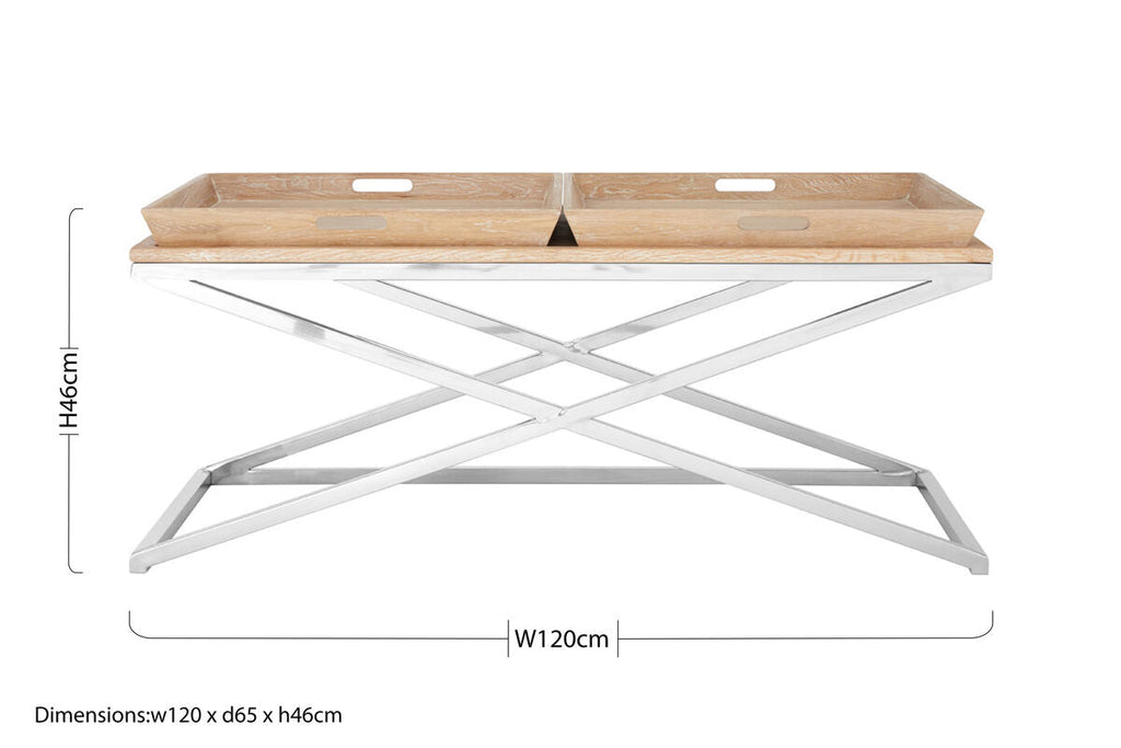 Natural Oak Wood Coffee Table With Polished Steel Cross Frame Legs & 2 Removable Serving Trays, Holland