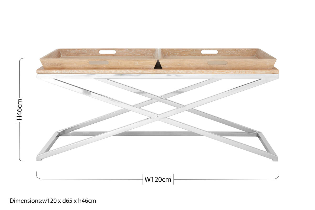 Natural Oak Wood Coffee Table With Polished Steel Cross Frame Legs & 2 Removable Serving Trays, Holland