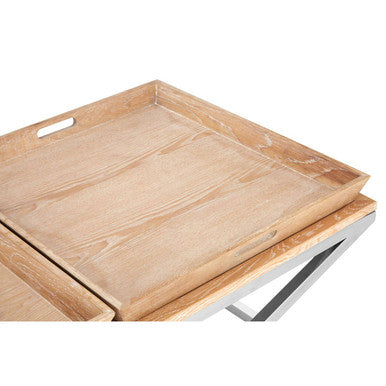 Natural Oak Wood Coffee Table With Polished Steel Cross Frame Legs & 2 Removable Serving Trays, Holland