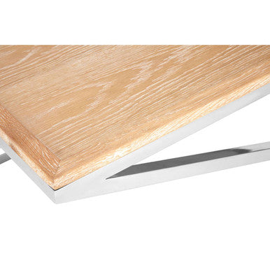 Natural Oak Wood Coffee Table With Polished Steel Cross Frame Legs & 2 Removable Serving Trays, Holland