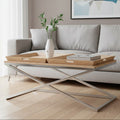 Natural Oak Wood Coffee Table With Polished Steel Cross Frame Legs & 2 Removable Serving Trays, Holland