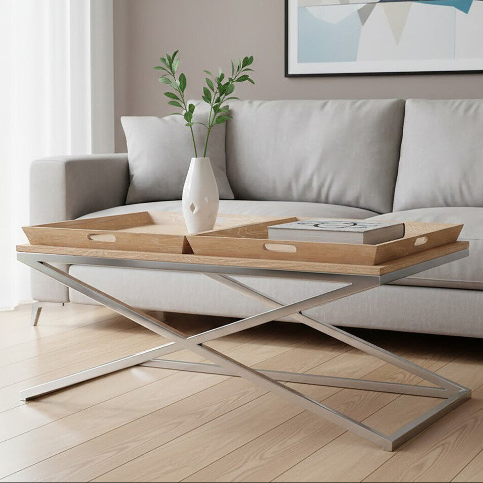 Natural Oak Wood Coffee Table With Polished Steel Cross Frame Legs & 2 Removable Serving Trays, Holland