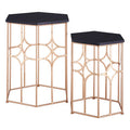Set Of 2 Black Hexagon Top Nesting Side Tables With Rose Gold Metal Frames, Lexa