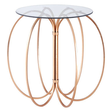 Convex Glass Top Side Table With Rose Gold Circular Iron Base, Lexa
