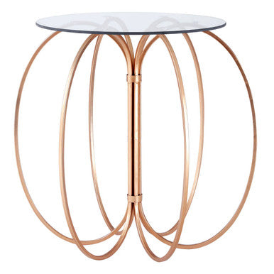 Convex Glass Top Side Table With Rose Gold Circular Iron Base, Lexa