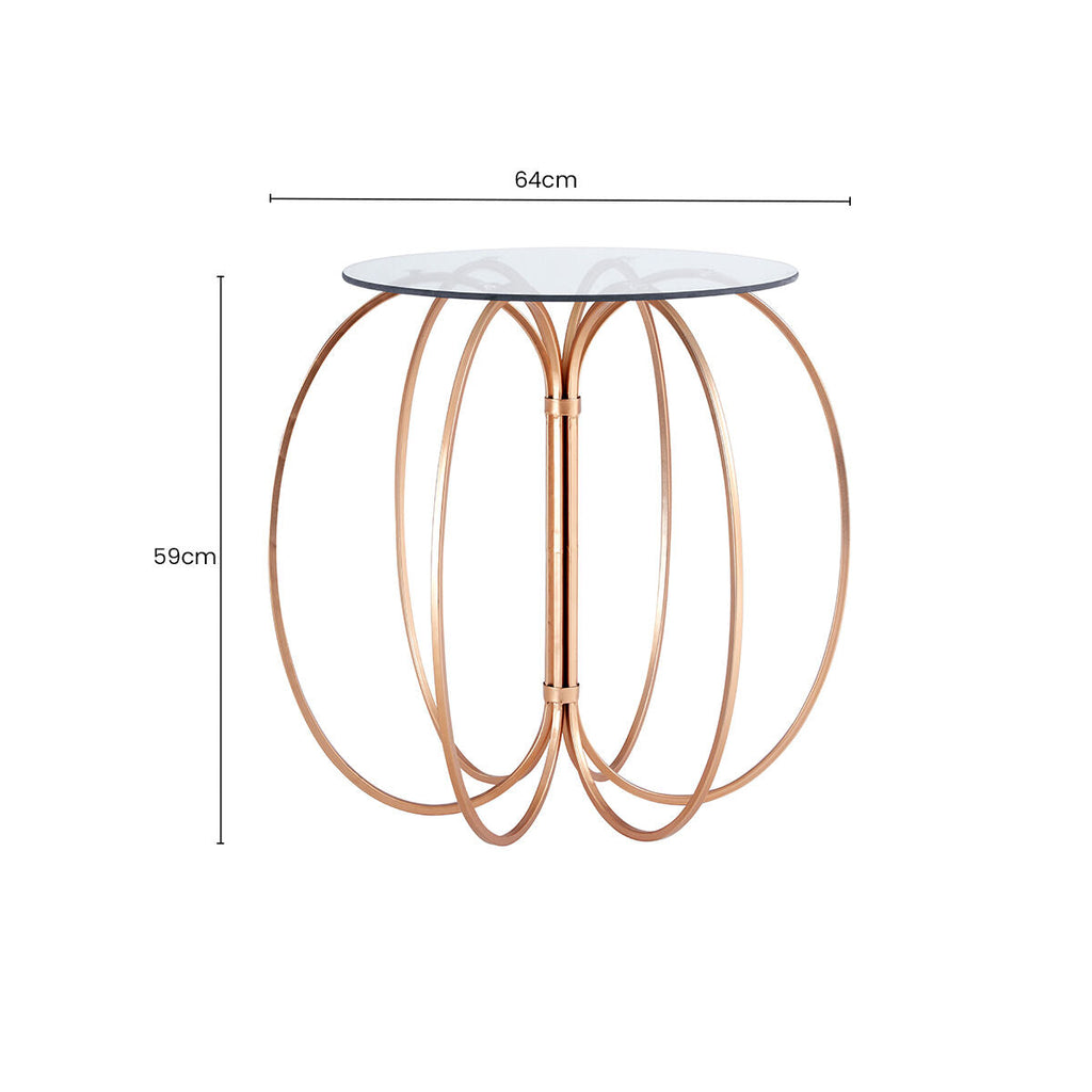 Convex Glass Top Side Table With Rose Gold Circular Iron Base, Lexa