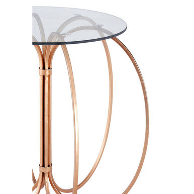 Convex Glass Top Side Table With Rose Gold Circular Iron Base, Lexa