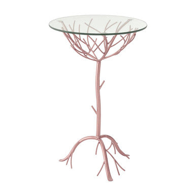 Tempered Glass Top Accent Table With Rose Gold Metal Branch Design Base, Lexa