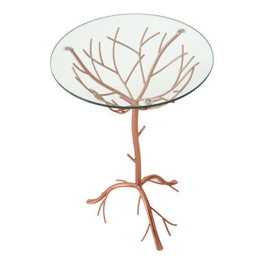Tempered Glass Top Accent Table With Rose Gold Metal Branch Design Base, Lexa