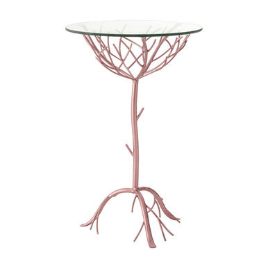 Tempered Glass Top Accent Table With Rose Gold Metal Branch Design Base, Lexa